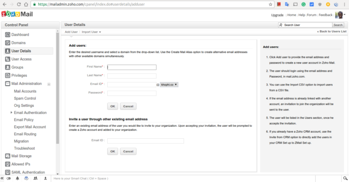 Zoho Mail Add User